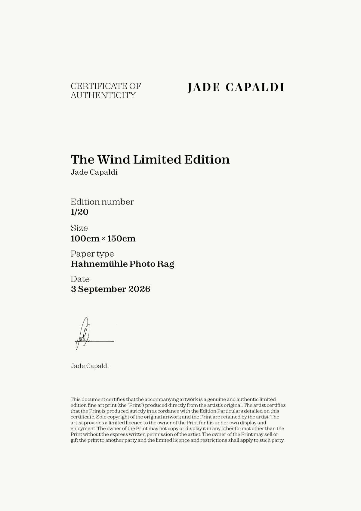 The Wind Limited Edition — Certificate of Authenticity