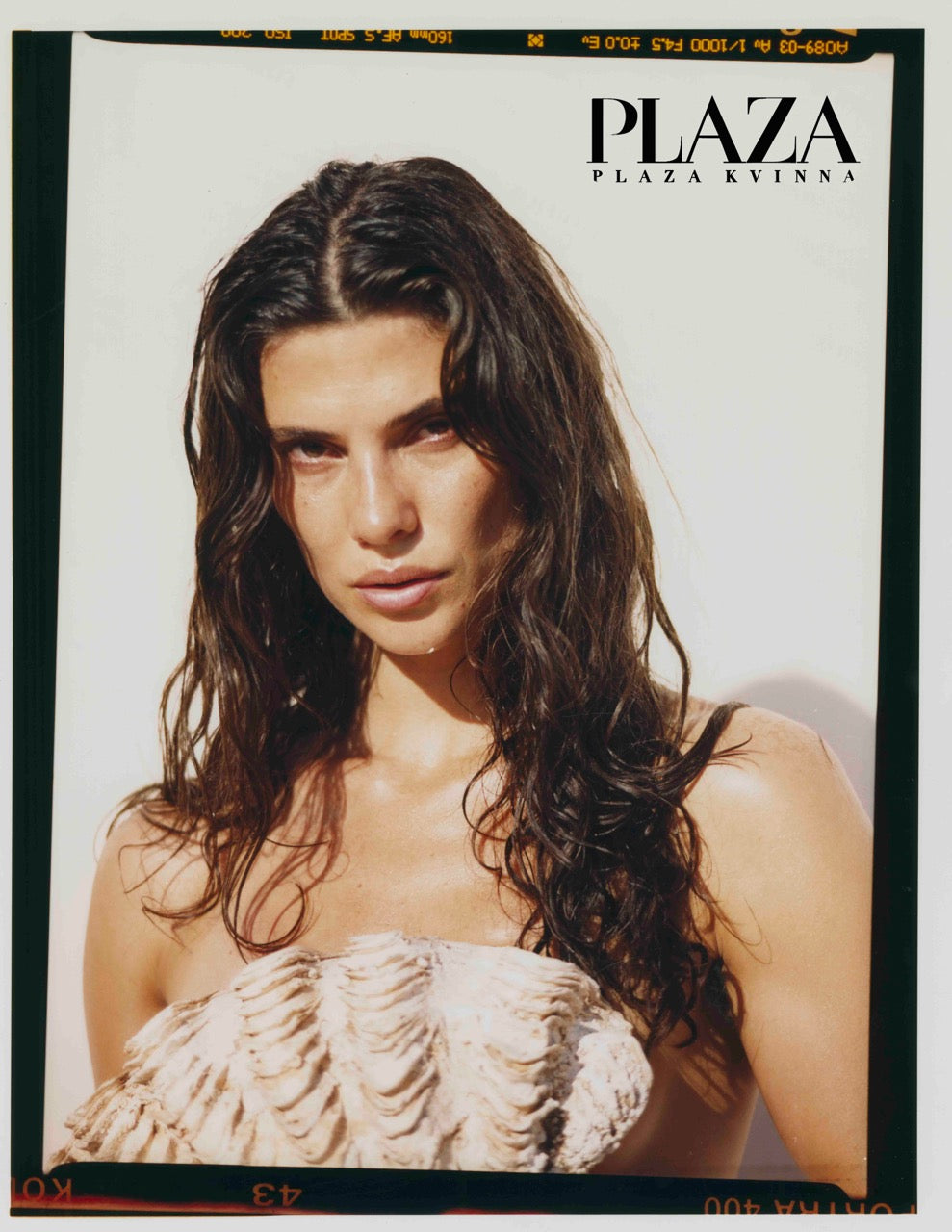 Analog fashion portrait of model with shell top, published in PLAZA Magazine, hand printed at the lab, shot on medium format film