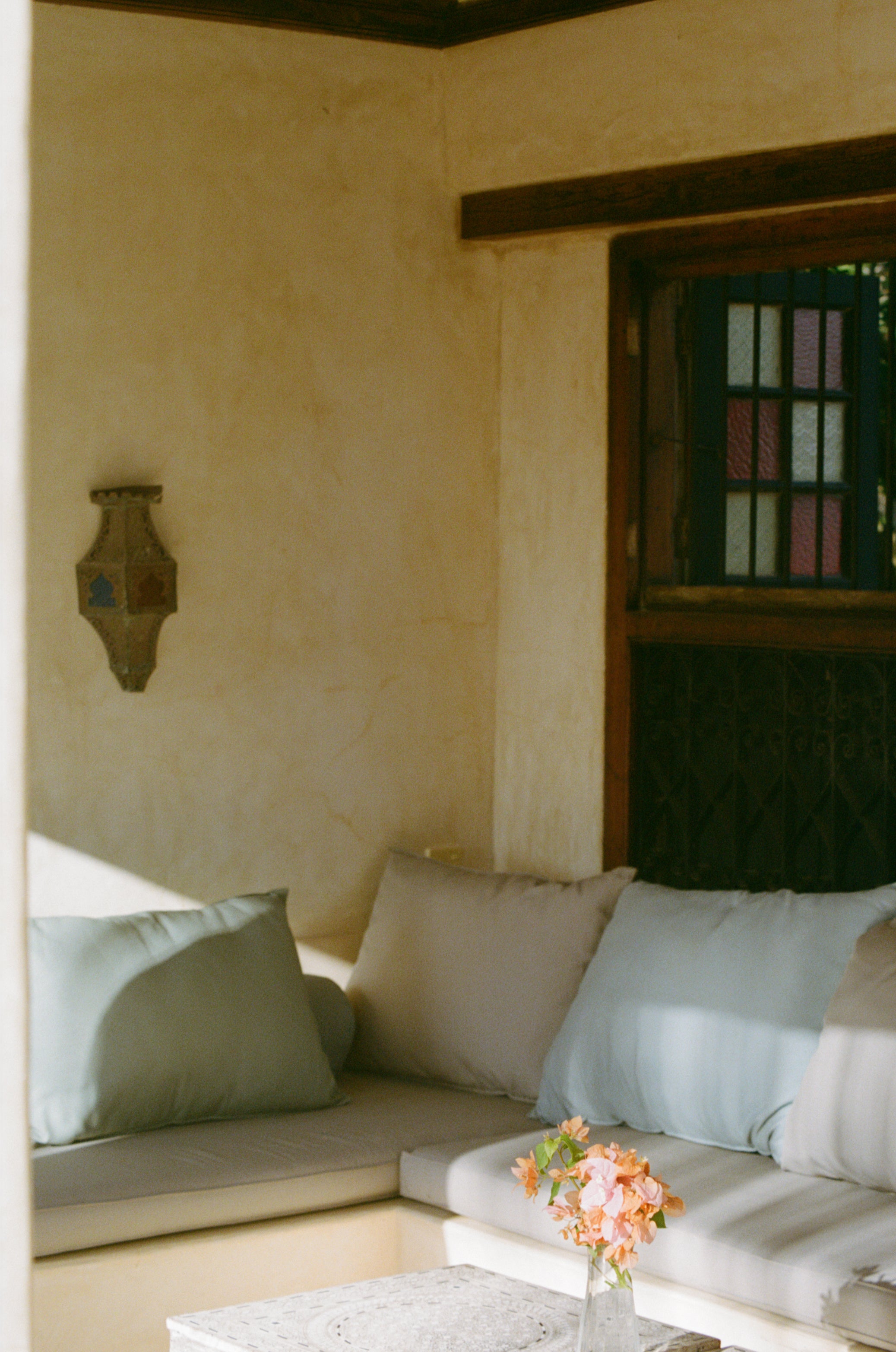 Analog interior photograph of sunlit seating area with soft cushions, textured walls, and a small floral arrangement, shot on medium format film