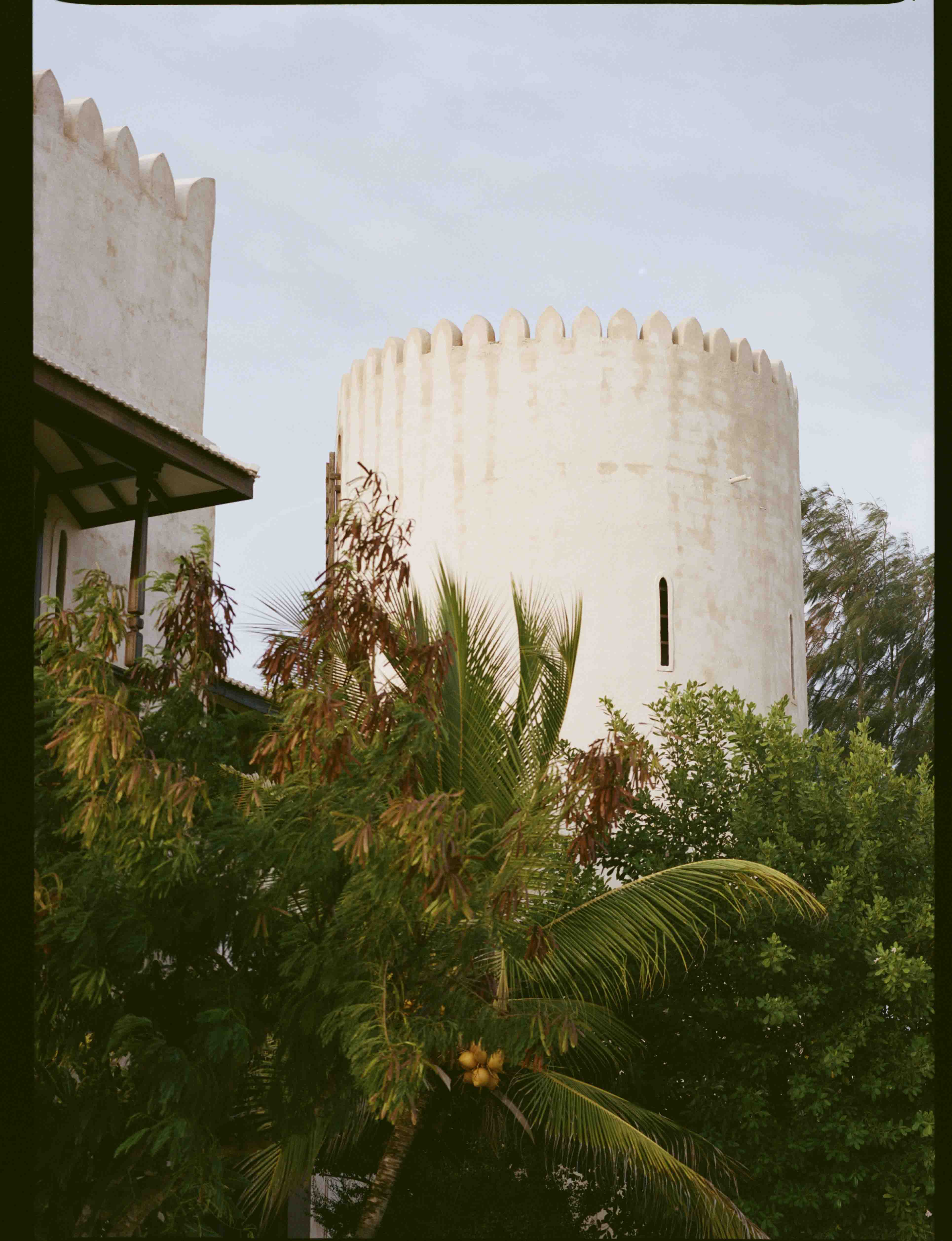 Tall cylindrical building with battlements surrounded by greenery fort shala in lamu kenya shot on 120mm 