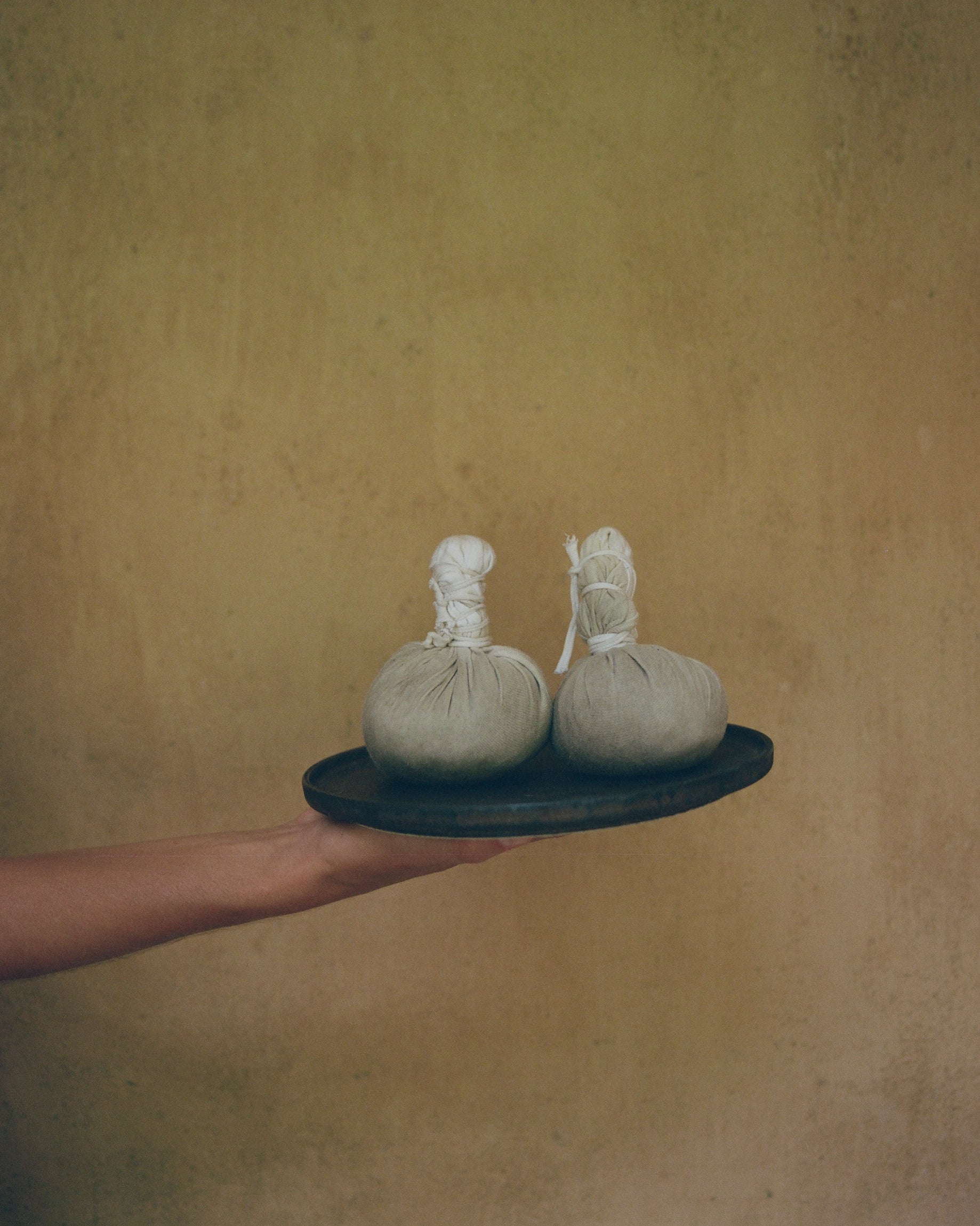 Two small round bags on a black plate held by a hand against a textured beige background