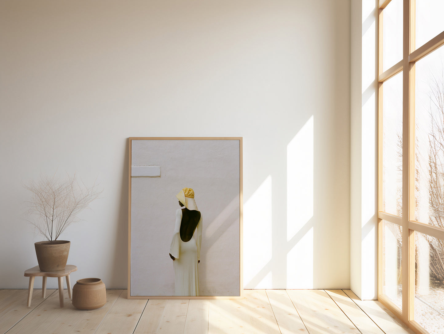framed print Analog fashion portrait of woman in open back cream dress and straw hat shot on 35mm film against minimalist white wall in warm natural light