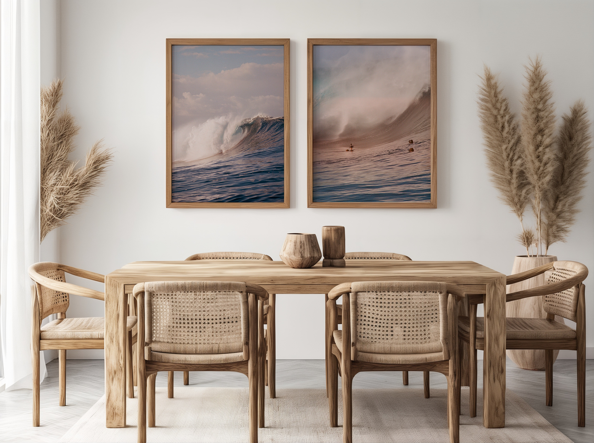 Analog ocean wave photography prints of breaking surf teahupo'o Tahiti, shot on 35mm film, displayed in wooden frames above a minimalist dining table in a warm natural interior
