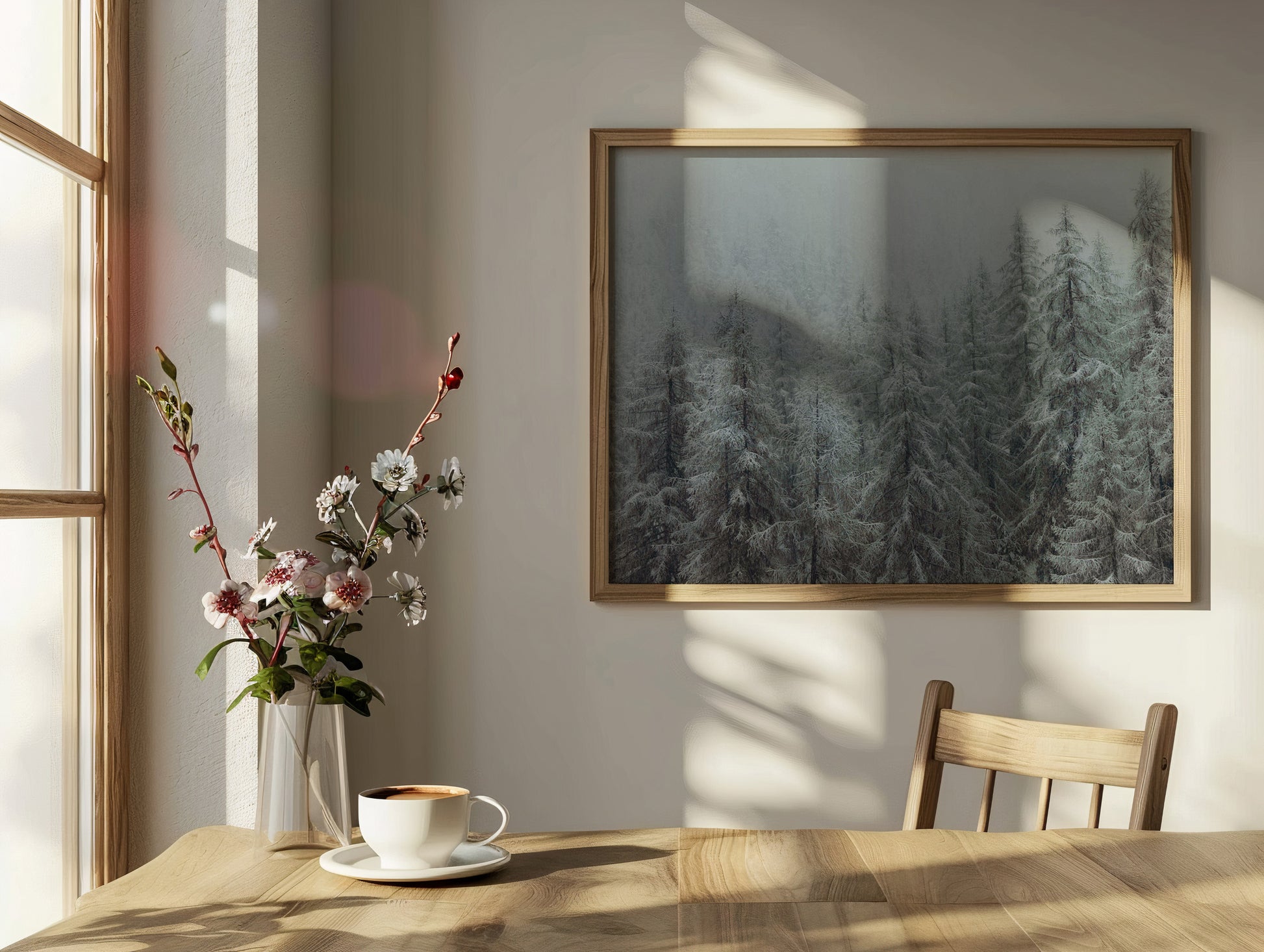 Analog winter forest landscape print of snow covered alpine trees in mist, shot on 120mm film in the Swiss Alps, displayed in a wooden frame in a sunlit minimalist interior
